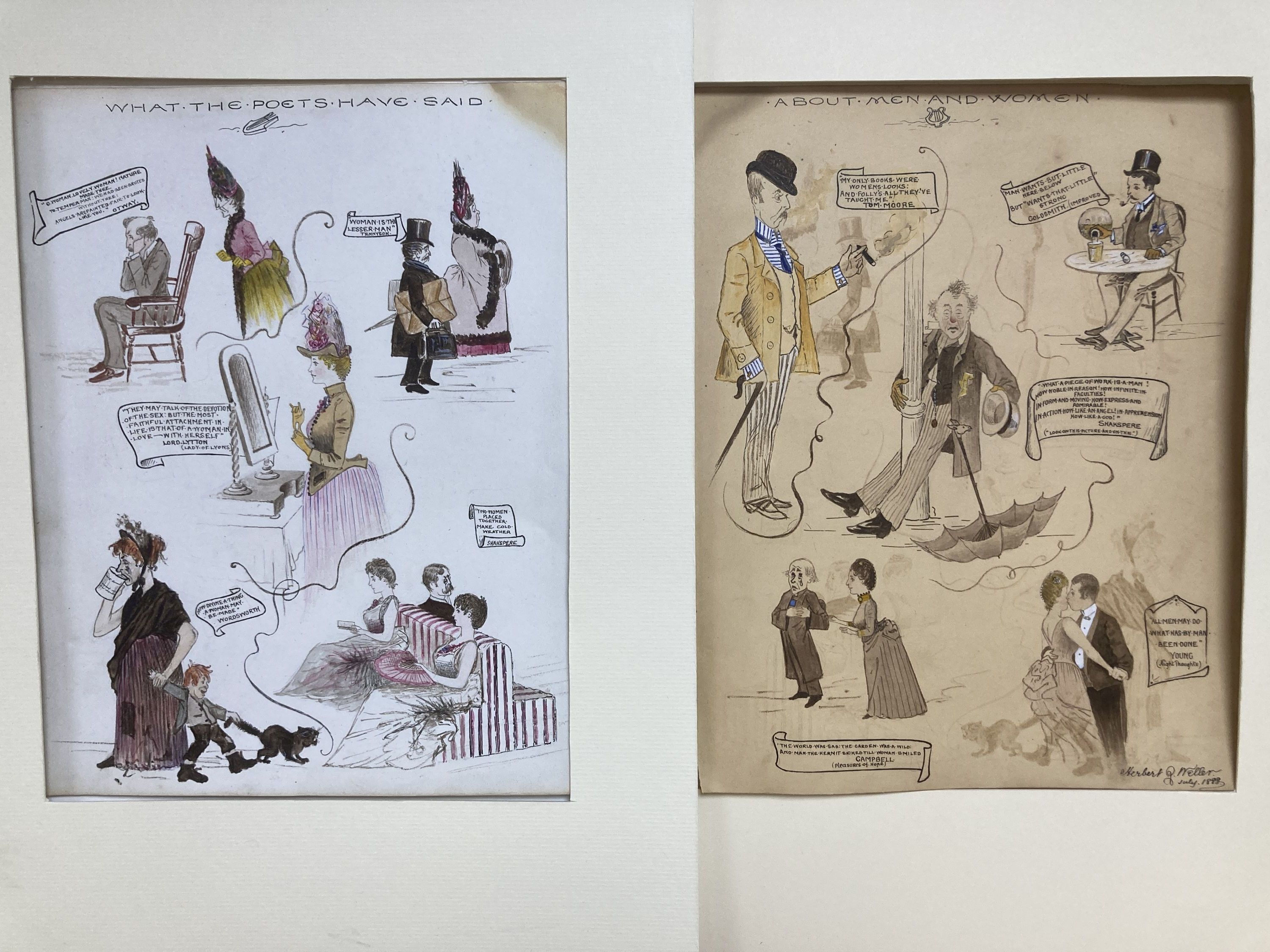 Herbert Weller, pair of ink and watercolour caricatures, What the poets have said and About men and women, one signed and dated 188